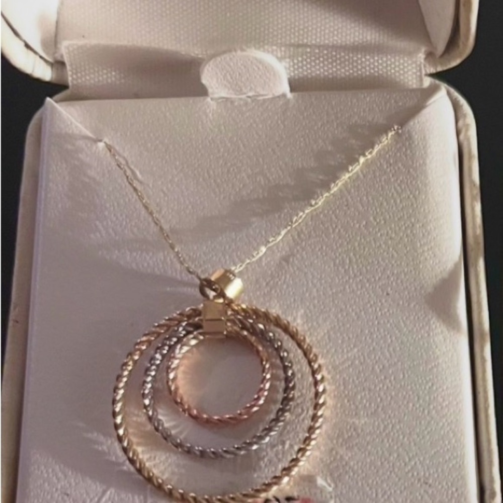 Tri-Tone Hoop Pendant Necklace and Earring Set - 10K Gold, Silver, Rose Gold - Picture 2 of 3